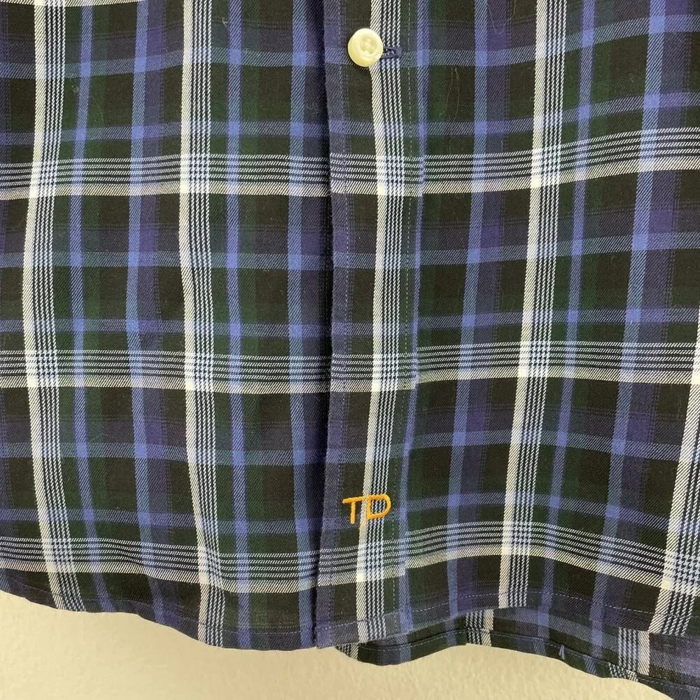 Thomas Dean Mens Large Blue Check Print Pima Cotton‎ Button Up Shirt Long Sleeve